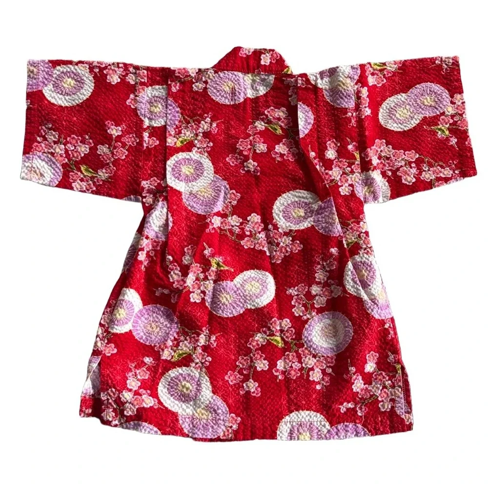 Kids Red Jinbei Kimono Set Cherry Blossom Parasol Seersucker 2pc Size 100 3-4Y